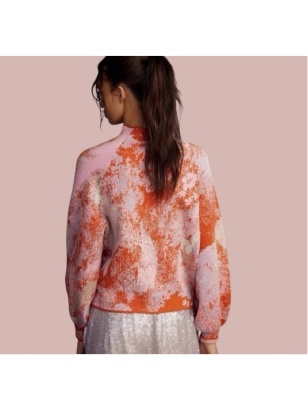 Anthropologie Abstract Metallic Knit Mock Neck Sweater Small Pink Orange Balloon - Picture 3 of 11